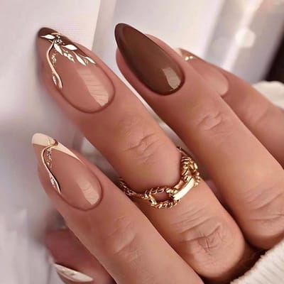 Almondvormige Franse nepnagels met bladmotief, glanzende volledige dekking, inclusief lijm voor nail art versieringen