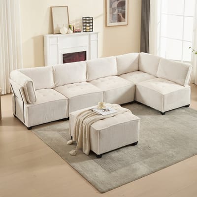 Sweiko Bank - Modulaire 6-zits bank - Corduroy - U-vorm/L-vorm/Slaapbank - Beige