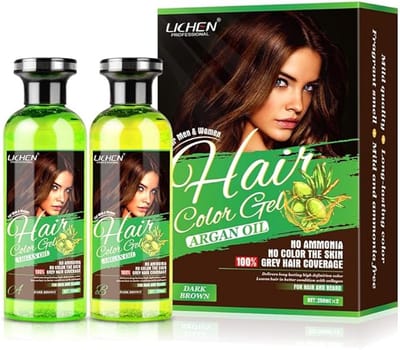 LICHEN Argan Oil Hair Color Gel - Dark Brown - For Men & Women - Haarverf - NO AMMONIA - NO COLOR THE SKIN - 100% GREY HAIR COVERAGE