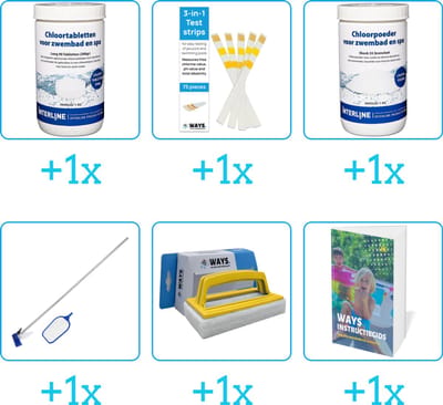 Zwembad Onderhoudspakket - Onderhoud Zwembad - bevat Chloor - Testrips - Chloor - Schoonmaakset - Scrubborstel en Zwembadgids (6-delig)