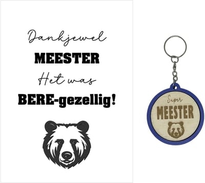 Sleutelhanger en kaartje MEESTER | BEER | blauw | bedankt meester| jij bent de liefste | liefste juf | topjuf | einde schooljaar | cadeau