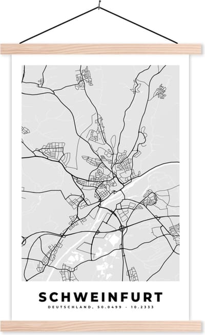 Posterhanger incl. Poster 40x60 cm - Schoolplaat - Duitsland - Plattegrond - Kaart - Schweinfurt - Stadskaart - Textielposter - Blanke latten - Stadskaart