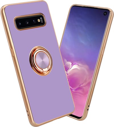 Cadorabo Hoesje geschikt voor Samsung Galaxy S10 4G in Glossy Licht Paars - Goud met ring - Beschermhoes van flexibel TPU-silicone Case Cover met camerabescherming en magnetische autohouder