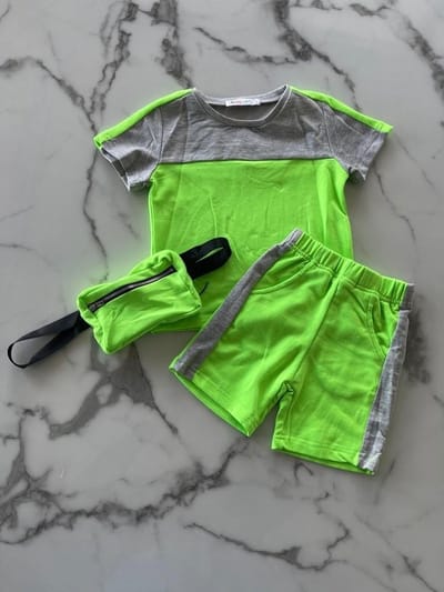 Jongens 3 delige Sportset Limegroen - T-shirt, Korte broek & Tasje - Maat 80 t/m 128