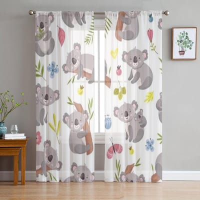 Cartoon Schattige Australische Beer Textuur Tule Transparante Gordijnen voor Woonkamer Slaapkamer Keuken Decoratie Voile Organza Gordijnen 135W x 114H(cm) white