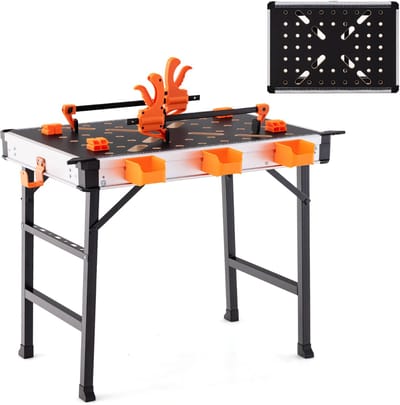 COSTWAY Werktafel inklapbaar, werkbank met 2 snelklemmen, 4 klemhaken, 3 gereedschapskisten en metalen frame, werktafel tot 454 kg belastbaar, gereedschapstafel voor garage, werkplaats