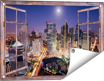 Gards Tuinposter Doorkijk Makati Stad Skyline in de Nacht in Thailand - 60x40 cm - Tuindoek - Tuindecoratie - Wanddecoratie buiten - Tuinschilderij