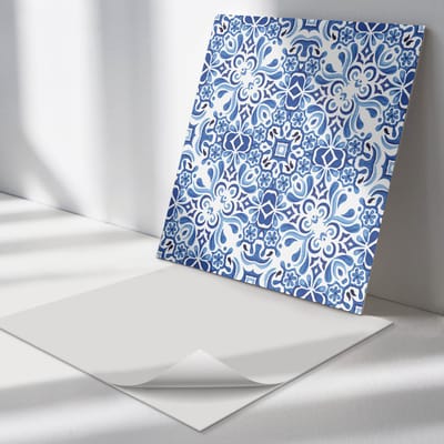 Wallfluent Vinyl Tegels - Klassiek Bloemenpatroon Zelfklevende PVC Tegels - 30 cm x 30 cm - Blauw Vinyl Tegels - Set van 9 - Vierkant PVC Tegels - Patroon Plaktegels - Vinyl Vloer Tegels - Plaktegels Keuken en Badkamer
