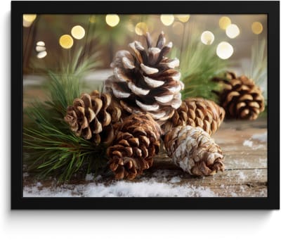 Poster in lijst - Fotolijst 40x30 cm - Posters - Dennenappels - Kerstsfeer - Bruin - Groen - Posterlijst zwart - Decoratie - Wanddecoratie woonkamer - Muurdecoratie slaapkamer - Kerstversiering - Kerstdecoratie voor binnen - Kerstmis