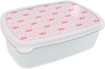 Broodtrommel Wit - Lunchbox - Brooddoos - Kroon - Patroon - Roze - 18x12x6 cm - Volwassenen
