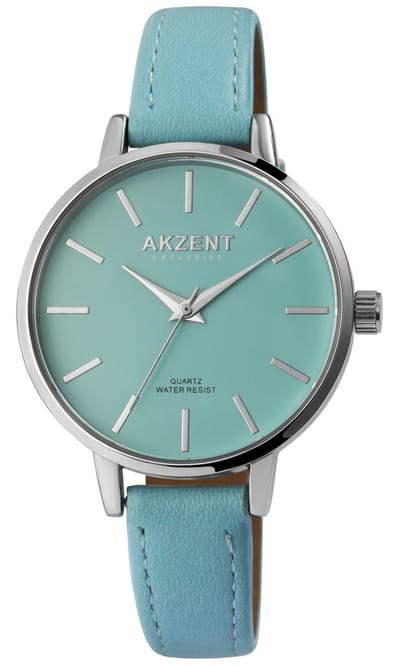 Akzent-Dames horloge-Analoog-Rond-38MM-Zilverkleurig-Blauw lederen band.