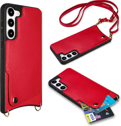 Casemania Hoesje Geschikt voor Samsung Galaxy S23 - Back Cover met Draagkoord - Pasjeshouder Hoes met Bandje - Crossbody Telefoonhoesje - Lanyard Case - Rood