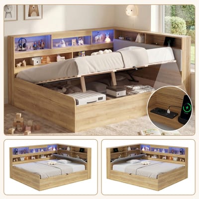 Clruro Bedbank - 140x200 cm - Hydraulisch Opbergbed met USB en LED - Hout - Naturel