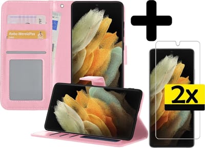 Hoesje - Met 2x Screenprotector - Geschikt voor Samsung Galaxy S21 Ultra - Luxe Pasjeshouder - Bookcase Portemonee - Flip Case - Kunstleer Book Case - Flipcase Hoes - Book Cover - Walletcase - Portemonneehoes - Telefoonhoesjes - Lichtroze