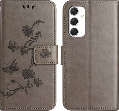 Coverup Hoesje - Geschikt voor Samsung Galaxy A16 Hoesje - Coverup Bloemen & Vlinders Book Case - Taupe Grijs