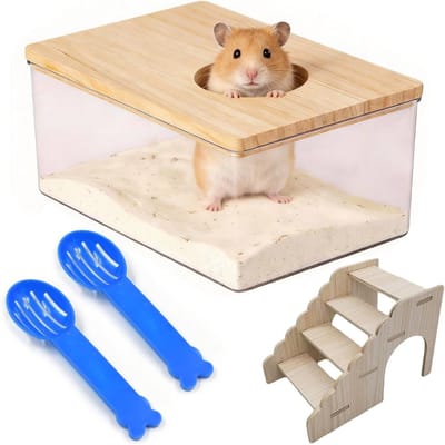 Hamsterbad met 2 paletten en ladder, 18,5 x 12,5 x 8,5 cm, transparant toilet voor kleine knaagdieren zoals hamsters, muizen en lemmingen