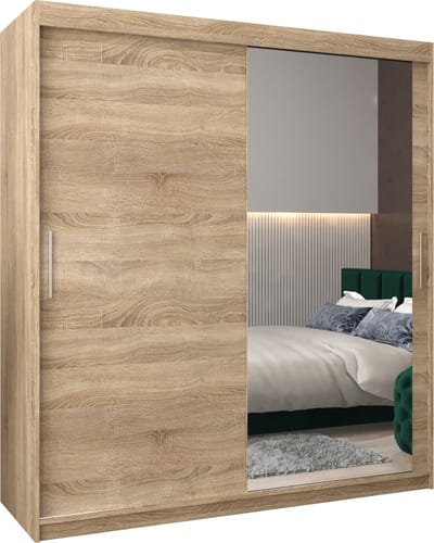 InspireMe - Kledingkast met 2 schuifdeuren, Modern-stijl, Kledingkast met planken (BxHxD): 180x200x62 - TORM II 180 Sonoma Eik