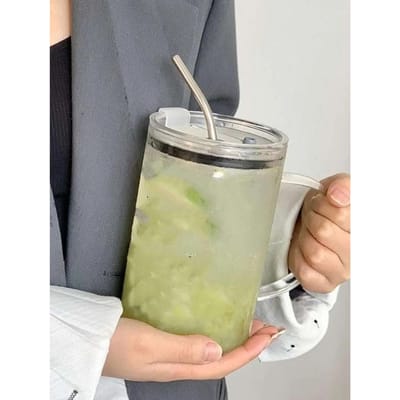 Gobelet en verre transparent de 1 L avec couvercle et paille, pour café, jus, moka, lait, jus 1000ml beige