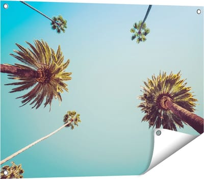 Gards Tuinposter Palmbomen met Bladeren in de Lucht - 80x60 cm - Tuindoek - Tuindecoratie - Wanddecoratie buiten - Tuinschilderij