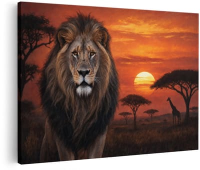 Artaza Canvas Schilderij Leeuw - Afrikaanse Zonsondergang - Natuur - 30x20 cm - Klein - Wanddecoratie Woonkamer - Schilderijen - Muurdecoratie