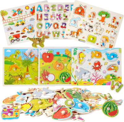 Houten Puzzels voor Kinderen - Educatief Speelgoed met Diverse Thema's zoals Boerderij, Verkeersvoertuigen, Alfabet, Insecten, Zeedieren en Dinosaurussen - Perfect als Cadeau voor Jongens en Meisjes van 1 tot 4 Jaar