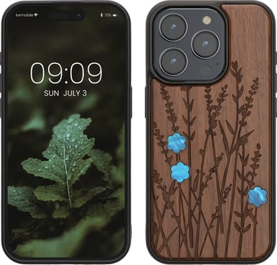 kwmobile telefoonhoesje geschikt voor iPhone 15 Pro - Hoesje met bumper - hout - In donkerbruin Parelmoer lavendel design