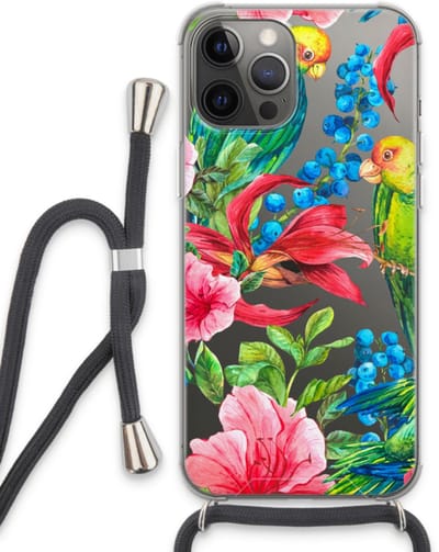 Case Company® - Hoesje met koord geschikt voor iPhone 13 Pro Max hoesje met Koord - Papegaaien - Telefoonhoesje met Zwart Koord - Bescherming aan alle Kanten en Over de Schermrand