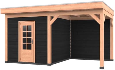 Douglas overkapping, 500 x 300, met zwarte schuur en achterwand, Westwood Comfort Premium