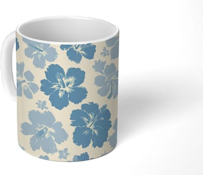 Mok - Koffiemok - Hibiscusbloemen - Blauw - Patroon - Tropisch - Mokken - 350 ML - Beker - Koffiemokken - Theemok
