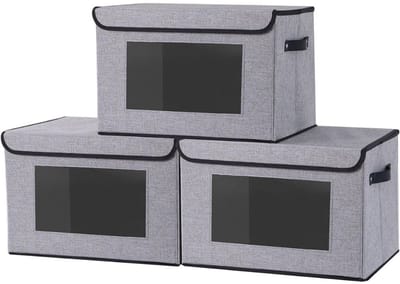 Famanu – Opbergbakken met deksels - plankmand met handgrepen - kubus organizer mand met transparant venster om te organiseren - 33 × 23 × 20 cm decoratieve opslagcontainers - grijs - 3-pack - klein
