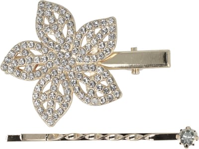 Haarsoires Haarspeld Duckklem & Schuifspeldje 5cm – Bloemvorm met Strass Steentjes – Zilver – Set van 2 - Sterke Haarclip voor Styling & Dagelijks Gebruik - Hair Clip - Decoratieve Haaraccessoire