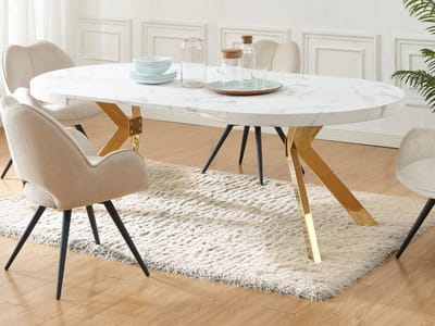 Vente-unique Verlengbare eettafel 4 tot 8 plaatsen van mdf en staal - Wit marmereffect en goud - KOMONI