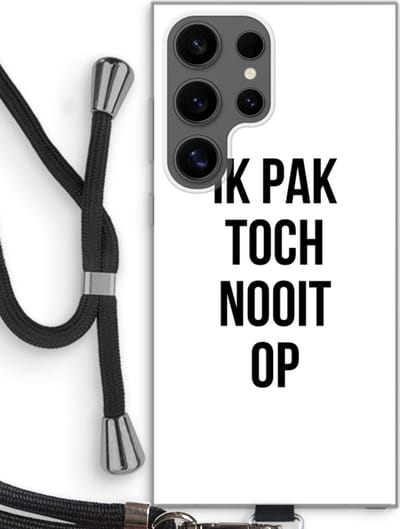 Case Company® - Hoesje met koord geschikt voor Samsung Galaxy S24 Ultra hoesje met Koord - Ik pak nooit op - Telefoonhoesje met Zwart Koord - Bescherming aan alle Kanten en Over de Schermrand