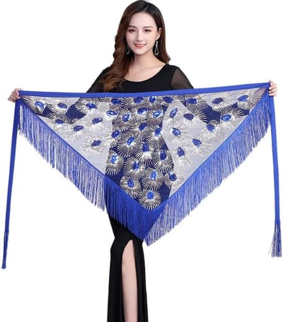 Dans heupsjaal - Buikdans accessoires - Dansoptreden - Lange franje - 135 cm breed - Zwart met pailletten