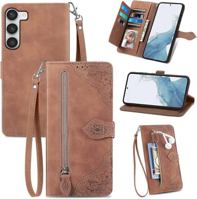 YPCd Portemonnee Bookcase Hoesje Geschikt voor Samsung Galaxy S23 – PU Leren Wallet Flip Cover met Ritssluiting – Pasjesvakken & Polsbandje – Standfunctie – Bloemen – Bruin