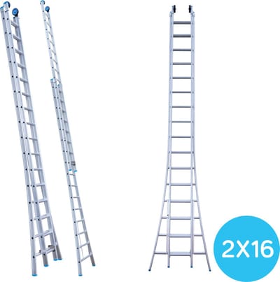 Eurostairs Opsteek ladder dubbel uitgebogen 2x16 sporten + gevelrollen