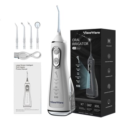Visioware® Waterflosser – Monddouche – Elektrisch Flosapparaat – 5 Standen – 5 Opzetstukken – Draadloos & Oplaadbaar – Wit