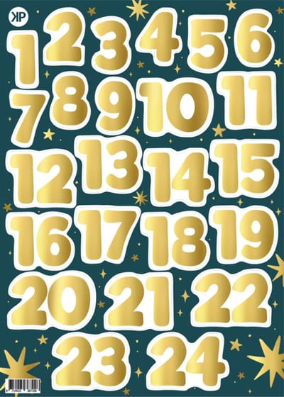 24 luxe Sticker - sluitsticker - Stickervel Advent cijfers - nummers- aftellen - verjaardag - kraampakket - A4 - Goud - Goudfolie - Advent kalender - 1 2 3 4 5 6 7 8 9 10 11 12 13 14 15 16 17 18 19 20 21 22 23 24 -