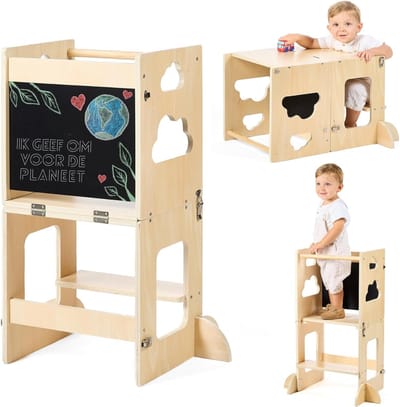 Ploutos® Leertoren Opvouwbaar - Houten Leertoren Inklapbaar - Verstelbare Montessori Stapplank - Meegroei Keukenhulp voor Kinderen - Bruin - 30cm x 40cm x 90cm