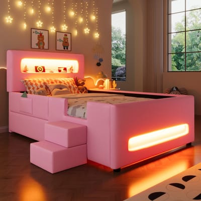 MODENUIT Gestoffeerd Platformbed 90x200 cm – Met LED-verlichting, Opberglade en Trap – Zonder matras – PU en MDF – Roze