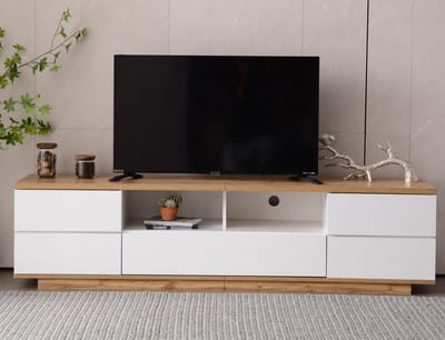 Sweiko TV kast - Dubbele deuren - Moderne TV meubel - Houtnerf tafelblad - Wit