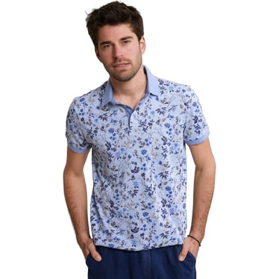 River Woods Custom Fit Cotton-linen Floral Polo Chambray Mix Size: M | Polo Shirts Outlet | Heren | Blauw