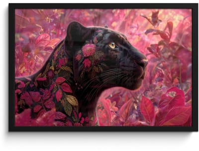 Poster in lijst - Fotolijst 60x40 cm - Posters - Luipaard - Bloemen - Roze - Posterlijst zwart - Decoratie - Wanddecoratie woonkamer - Muurdecoratie slaapkamer