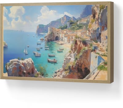 Wandlamp 60x40 cm - Oplaadbaar - Kustdorp - Schilderij - Rotsen - Boten - Wandlampen binnen woonkamer - Slaapkamer lamp - Decoratieve nachtlamp - Vloerlamp draadloos