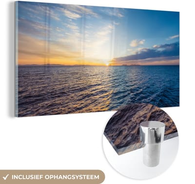 MuchoWow® Glasschilderij 40x20 cm - Schilderij acrylglas - Zon - Zee - Licht - Foto op glas - Muurdecoratie woonkamer - Wanddecoratie slaapkamer - Schilderijen