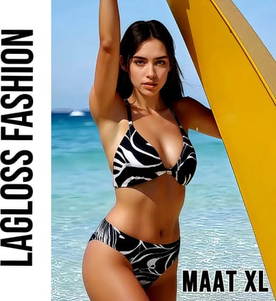 LaGloss® Zwart-Wit Tie-Dye Bikini Set – Halter Rugloos 2-delig Badpak voor Dames – Hoge Stretch Zwemkleding met Bandjes & Strepenprint – Maat XL