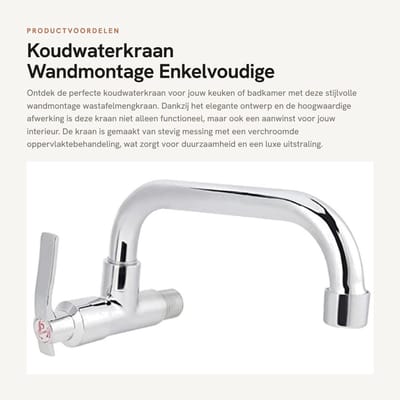 Dailygoods- Wastafelmengkraan Wandmontage - Koudwaterkraan - Messing/roestvrij staal - 25cm/20cm - Eenvoudig te installeren - Geschikt voor gatdiameter 22-30mm - Keukenkraan