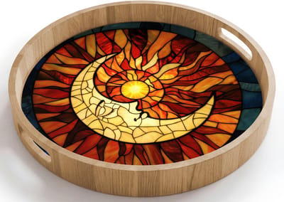 Dienblad rond 40x40 cm - Schootdienblad hout - Mozaïek - Glas - Maan - Donkerblauw - Borrelplank rechthoek - Plateau houten dienbladen