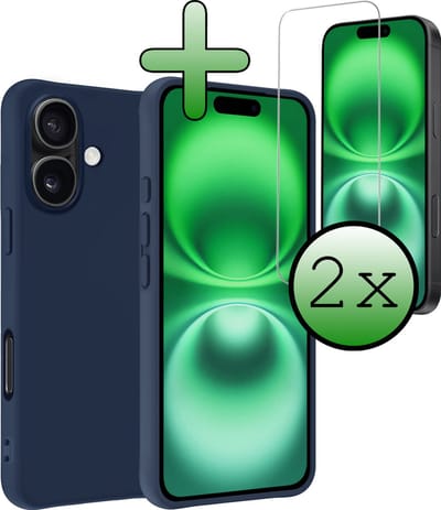 Hoesje Met 2x Screenprotector - Geschikt voor Apple iPhone 16 - Sterk & Shockproof - Back Cover - Siliconen Case - Telefoon Hoes - Donkerblauw