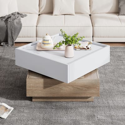 STILVORA Salontafel – Vierkant met Opbergkast, 360° Draaibare Bovenplaat, 60x60x38 cm, Spaanplaat, Onbehandeld